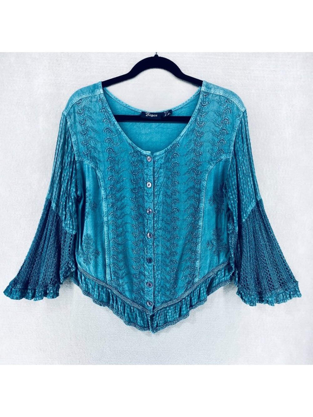Vintage Embroidered Top Womens L Teal Blue Floral Blouse Boho Fairycore Cottage